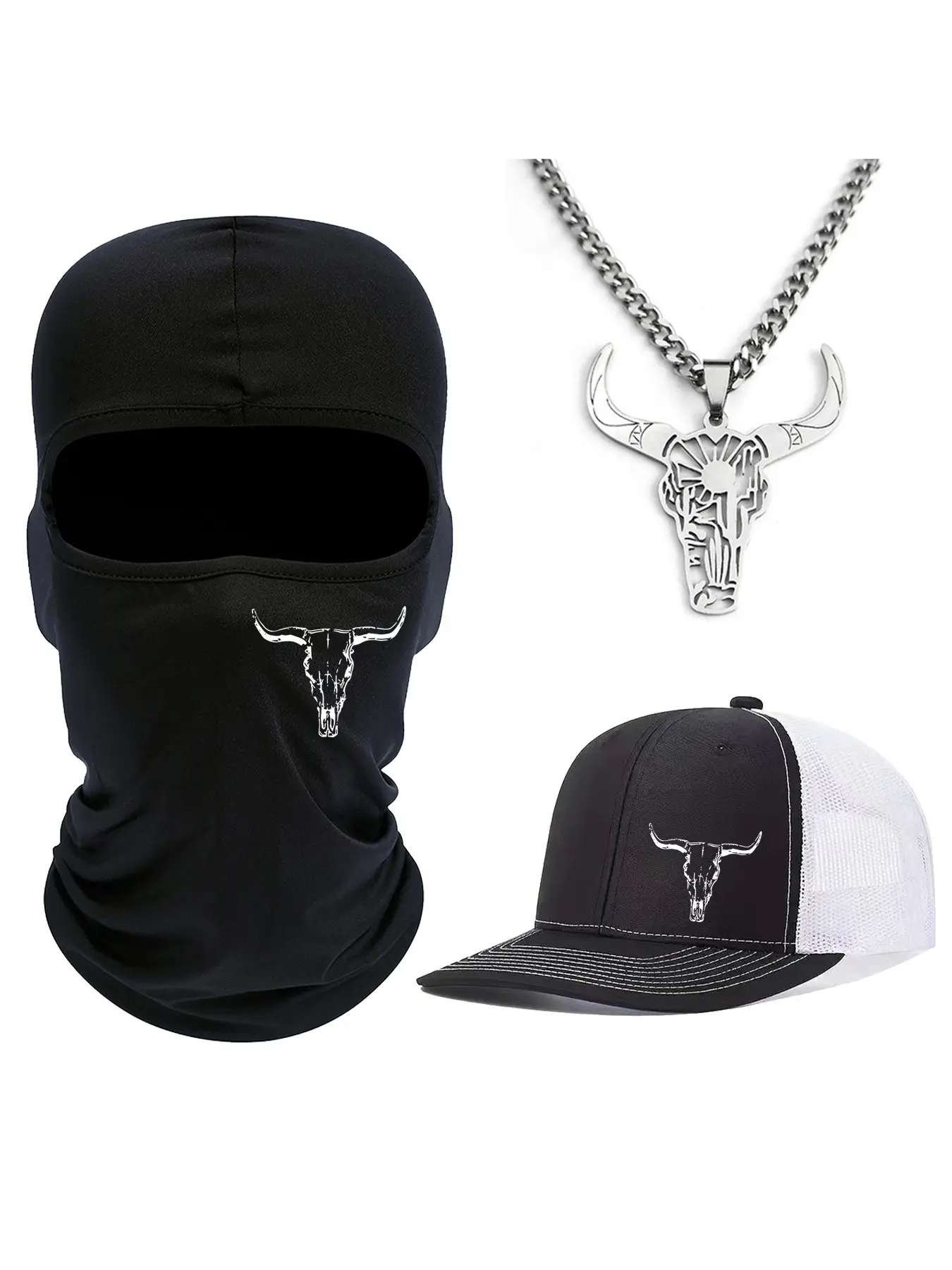 3pcs Sets 1pc Bull Head Necklace+1pc Ski Mask+1pc Unisex Baseball Cap Bull Head Printing Hat Mesh Hats for Mens Women Richardson Slightly Curved Brim Baseball Cap Adjustable Trucker Hats Dad Hats Outdoor Mesh Breathable Sun Hat Accessory Sets
