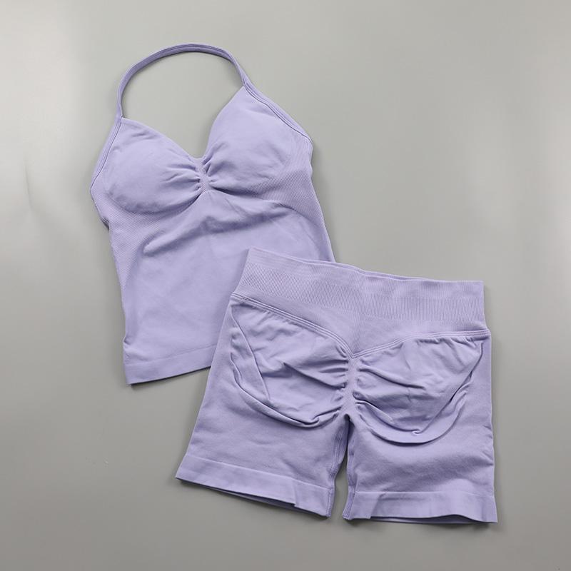 Dfyne  Seamless Yoga Set Women 2Pcs Padded Halter Tank Top Scrunch Butt Lifting Gym Shorts Set Summer Sportswear Workout Clothes Stretch Fabric Activewear Tight Fit Sporty Casual Athletic Jogging
