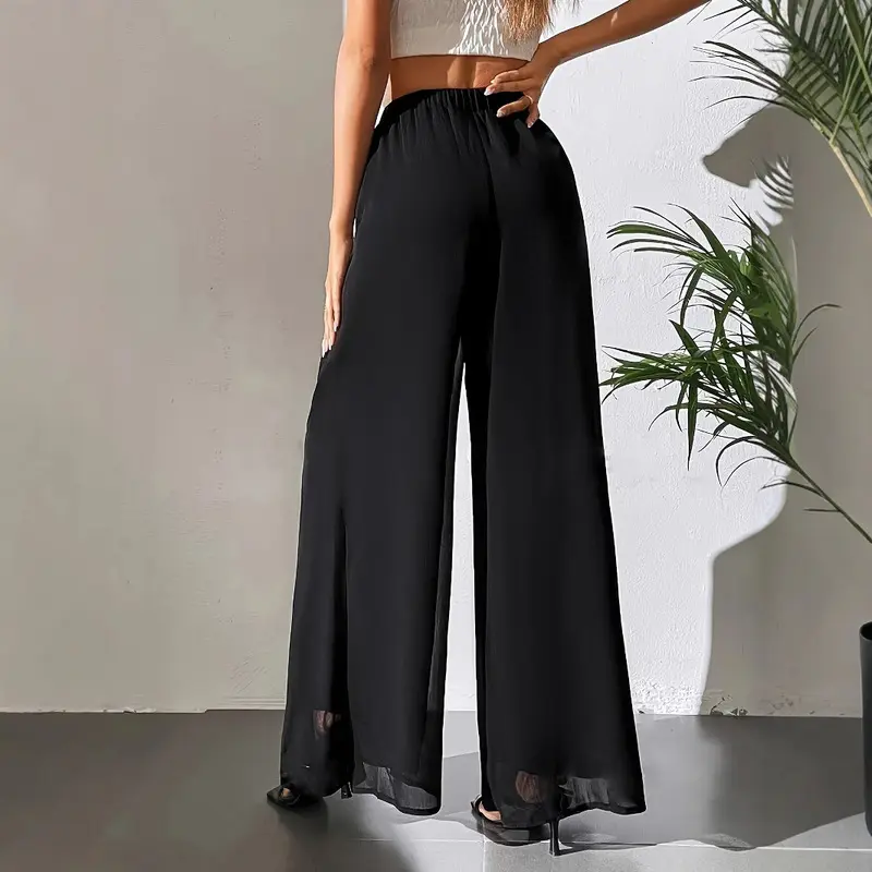 Women Casual Chiffon Wide Leg Pants Loose Fit Flowy Long Trousers Lightweight Breathable Summer Bottoms For Vacation Daily Beach Street Outfit