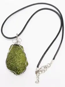 Genuine Raw Czech Moldavite Pendant Necklace for Women Men, Natural Rough Moldavite Stone Wrapped With Handmade Silver Wire, Sage Cleansed & Blessed 5-10g Healing Crystal Jewelry Gift With Adjustable Black Cord Chain, High Vibration Energy Gemstone Amulet