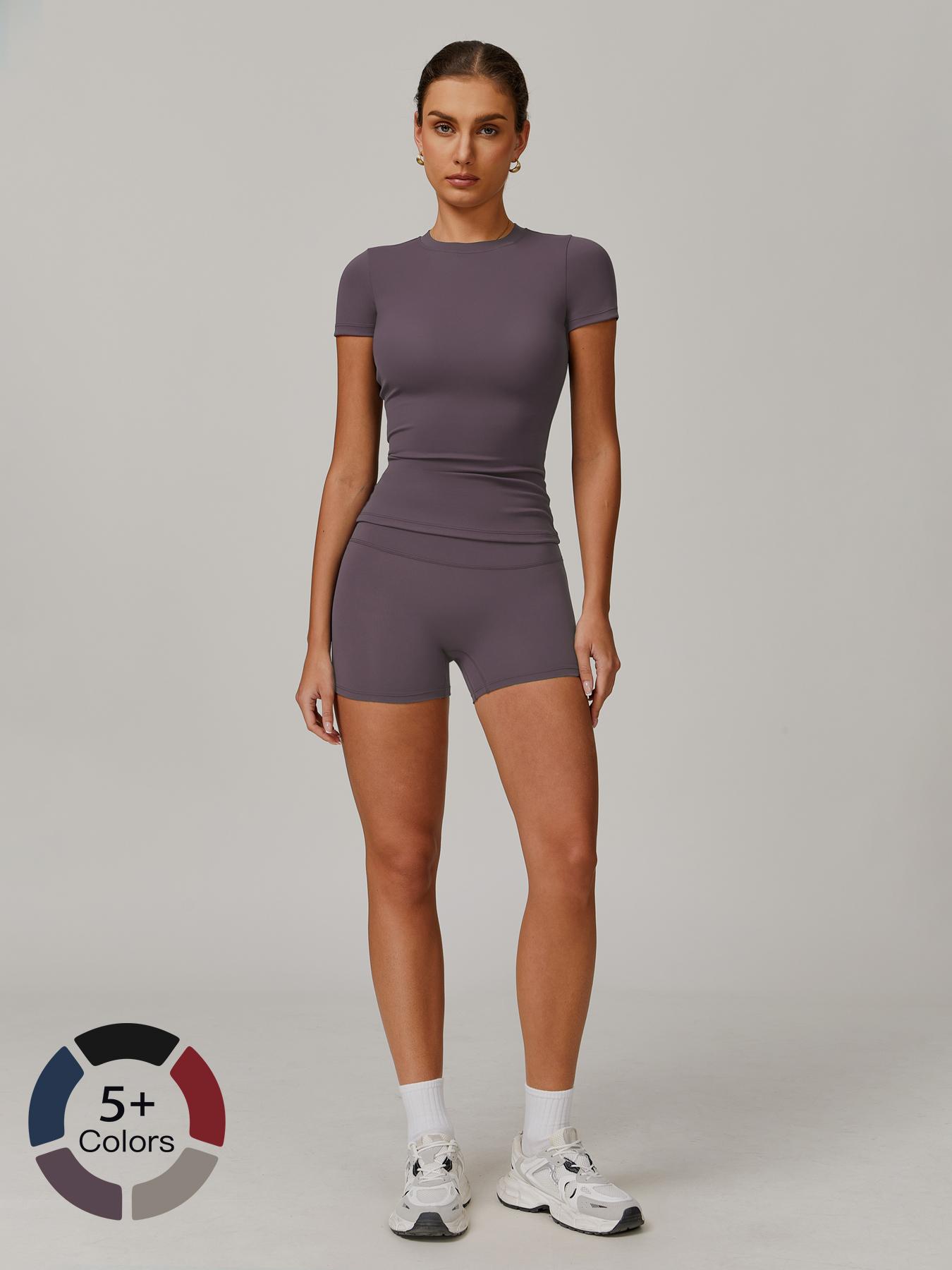 Women's Solid Ribbed Crop Tee & High Waist Shorts Set, Quick Drying for Yoga Gym Workout Running, Ladies Sportswear for All Seasons, Workout Sets Women, Women Workout Clothes, Fitness Clothing, Casual Activewear, Fitness Summer Bottoms