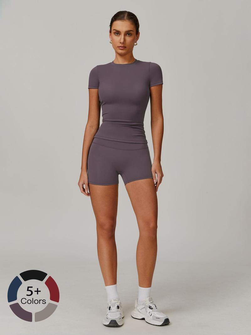 Women's Solid Ribbed Crop Tee & High Waist Shorts Set, Quick Drying for Yoga Gym Workout Running, Ladies Sportswear for All Seasons, Workout Sets Women, Women Workout Clothes, Fitness Clothing, Casual Activewear, Fitness Summer Bottoms