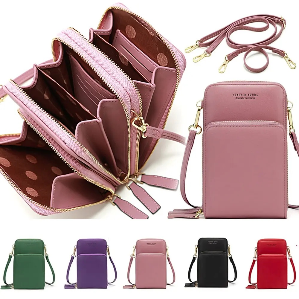 Multi-Layer Zipper Cell Phone Crossbody Bag Faux Leather with Adjustable Strap Multi Compartment Mini Shoulder Purse Card Cash Storage Casual Messenger Bag Daily Travel Sling Bag for Women