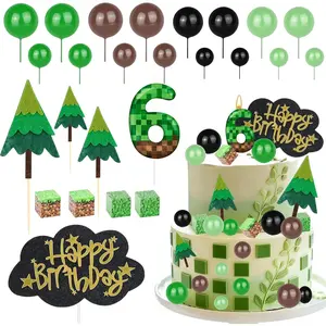 25 Pcs Pixel Cake Topper Set, Birthday Candles Number 6 Mosaic Cartoon Cake Decorations with Green Gray Black Balls, Pixel Themed Cake Decor for Supplies Halloween Decor Block Game Party