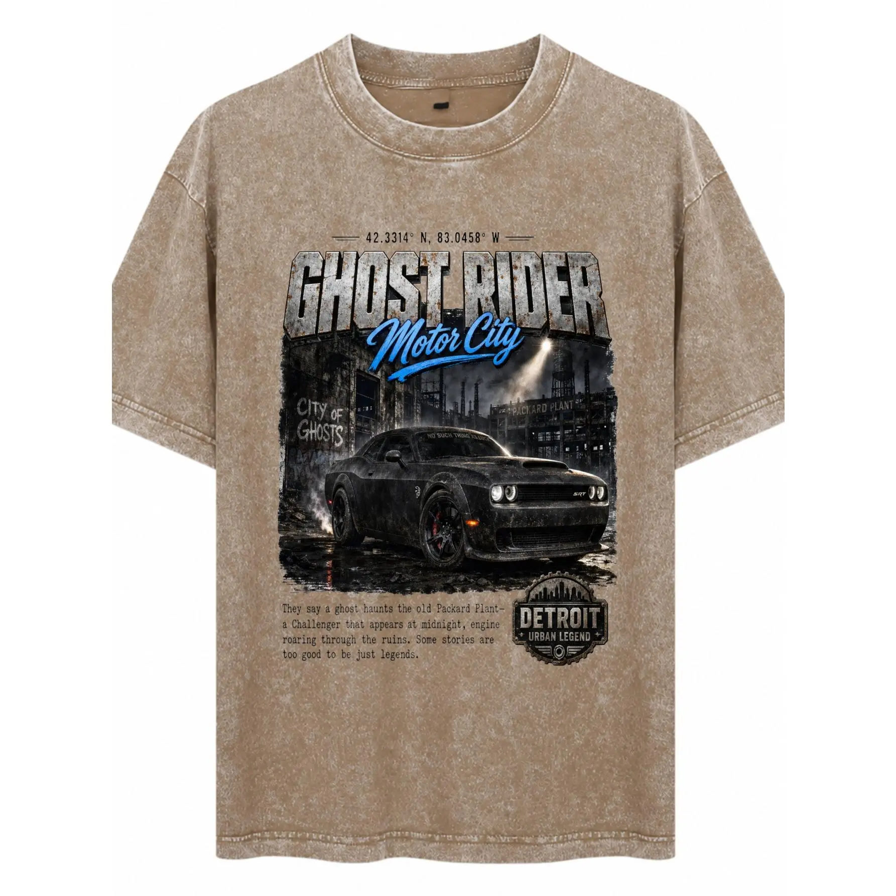 Street Style, Heavyweight Unisex Acid Wash Cotton T-Shirt, Ghost Rider Motor City Graphic Design, Screen Printed With Urban Legend Detail, Detroit City Of Ghosts Theme, Loose Fit Casual Wear For Men And Women, Ideal For Streetwear Enthusiasts And Car