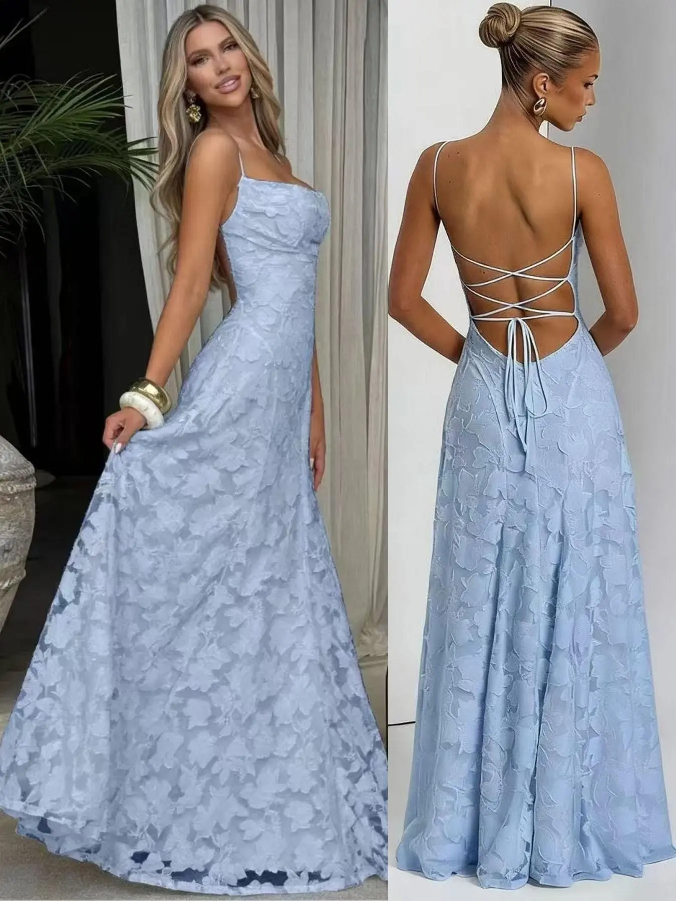 2026 Summer New Sexy Embroidered Long Pleated Flowy Dress, Solid Color Backless Tie Strap High-End Halter Long Dress, Beach Resort French Vintage Lace Dress, Formal Evening Gown