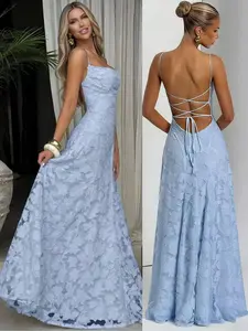 2026 Summer New Sexy Embroidered Long Pleated Flowy Dress, Solid Color Backless Tie Strap High-End Halter Long Dress, Beach Resort French Vintage Lace Dress, Evening Gown
