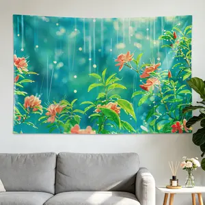 30x40 in Teal Floral Garden Wall Tapestry - Sustainable Synthetic Polyester Decorative Artwork, No-Installation Horizontal Hanging Blanket for Living Room, Family Room Decor, Flower-Themed Gift for Friends