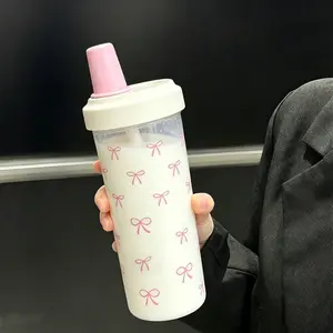 Cute Bowknot Patterned Water Bottle, Transparent Water Cup, Reusable Cup, Outdoor Travel Cup, Sports Water Bottle, Portable Large-Capacity Lidded Drinking Cup, Straw, Suitable for Home, Office, School, and Outdoors, Hiking, Backpacking Trips