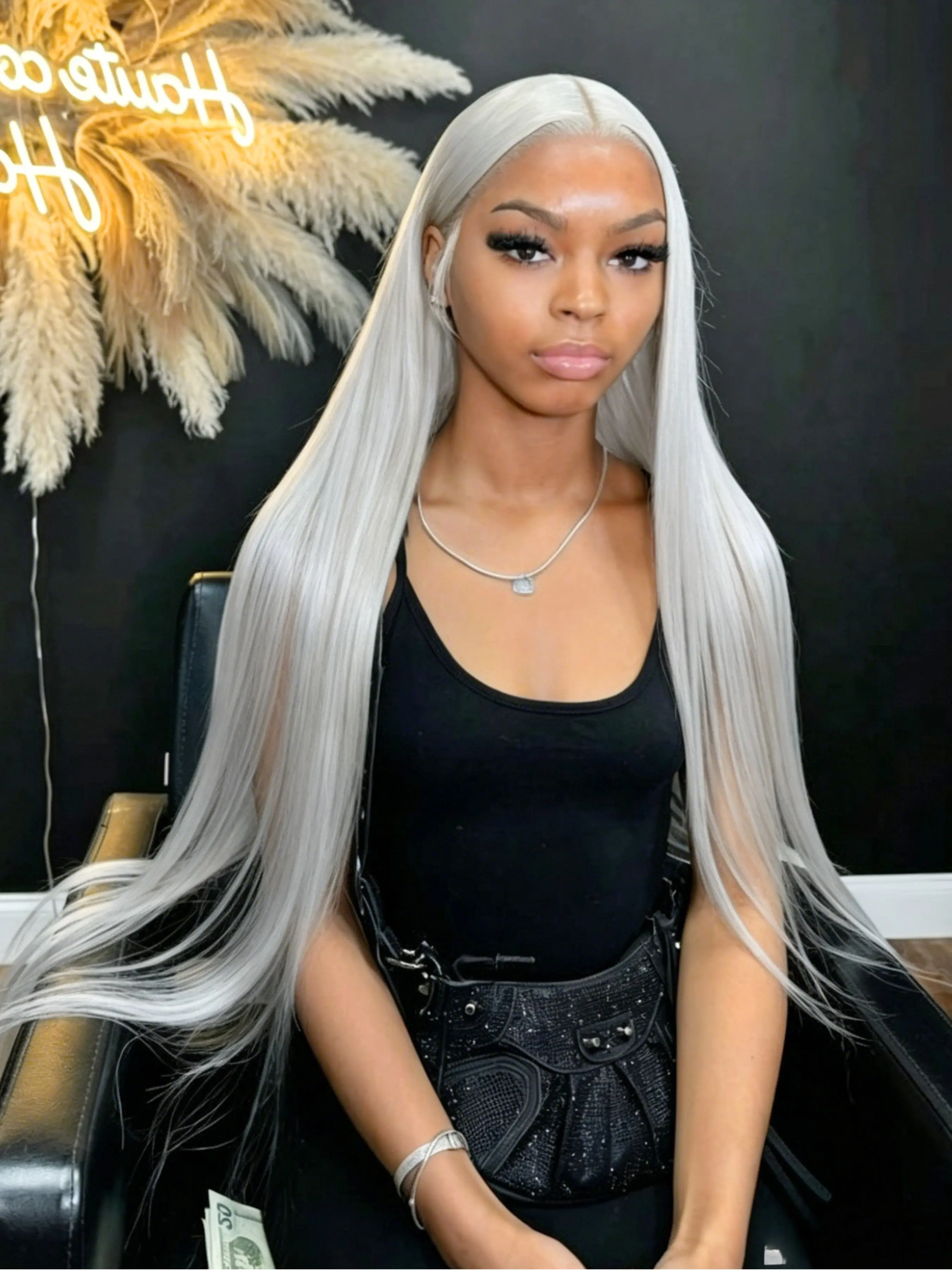 32 Inch Silver Wig 13x4 Lace Front Wigs Long Silky Straight Wig Pre-Plucked Natural Hairline Heat Resistant Synthetic Wig Soft HD Transparent Lace Frontal Wig Silver Festival Look Straight Wig Cosplay Party
