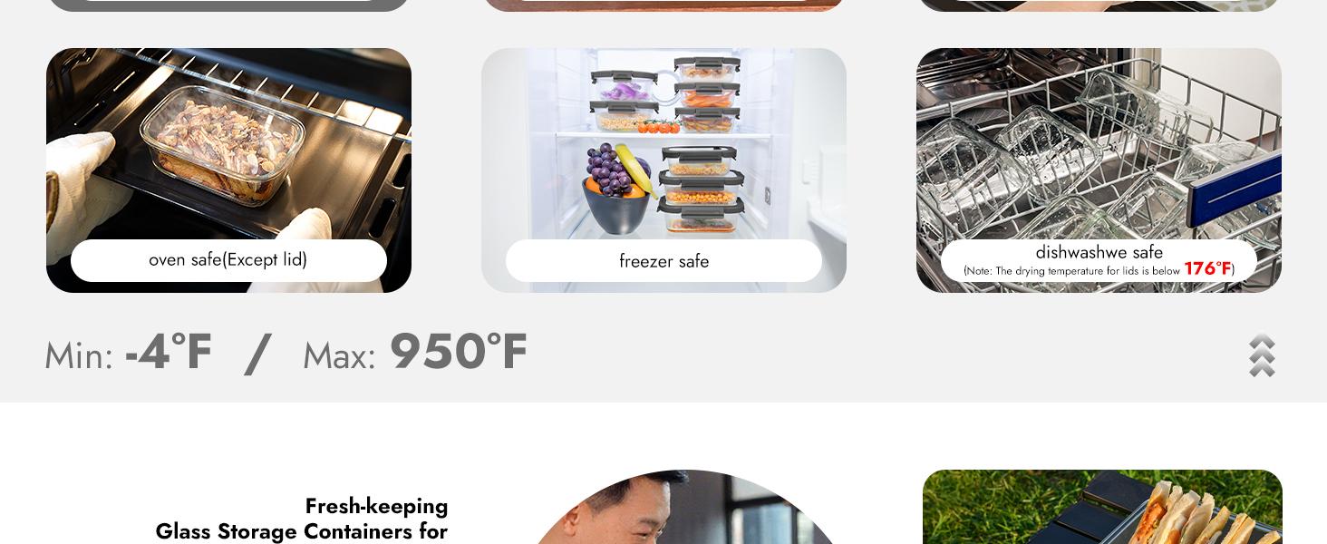 12-Pack Glass Containers with Tempered Lids – Borosilicate, Oven-Safe(-4°F~950°F), Airtight, BPA-Free, Multi-Size for Meal Prep, Dishwasher Safe (Gray)