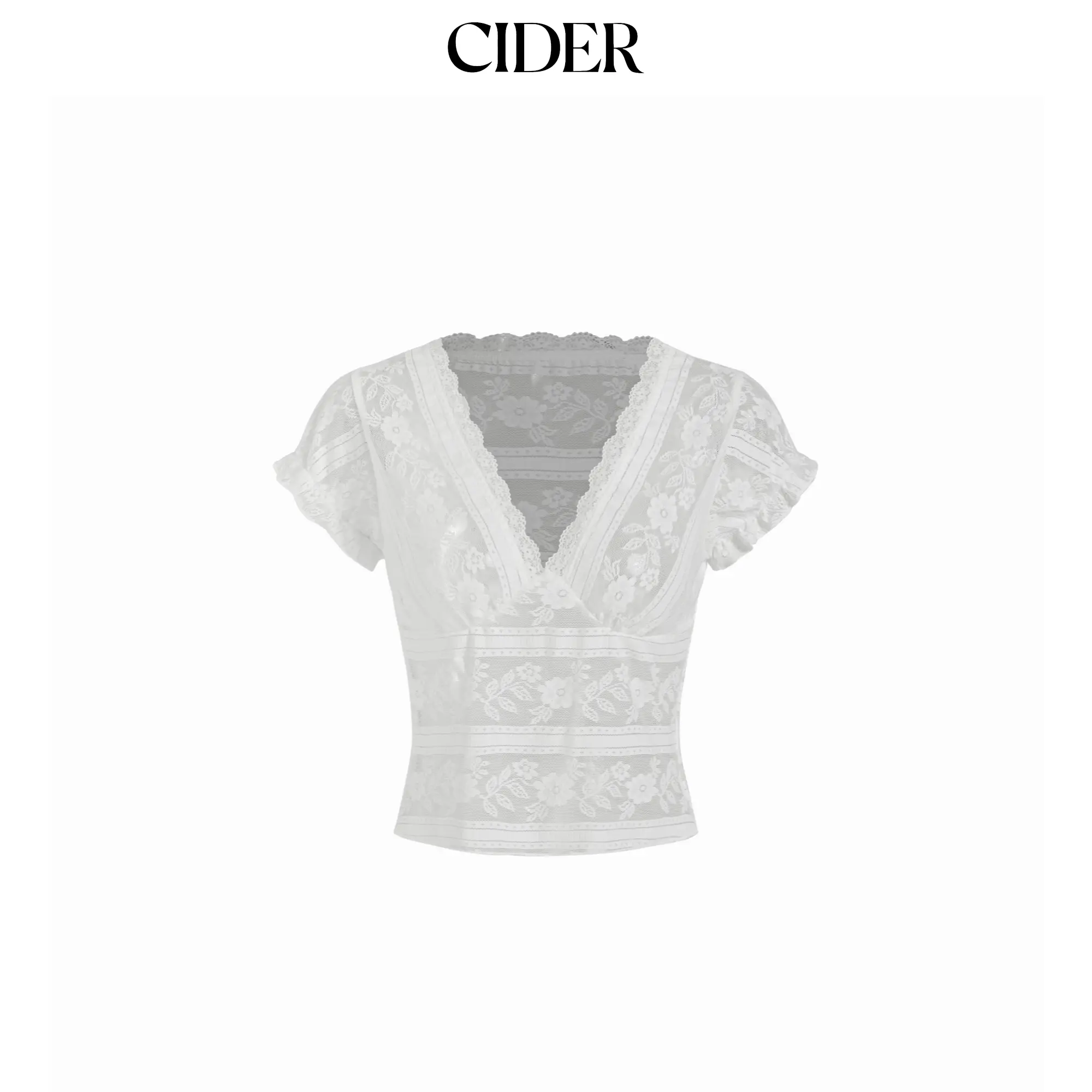 Cider Jacquard Lace V-Neck Ruffle Sleeve Lettuce Trim Sheer Top
