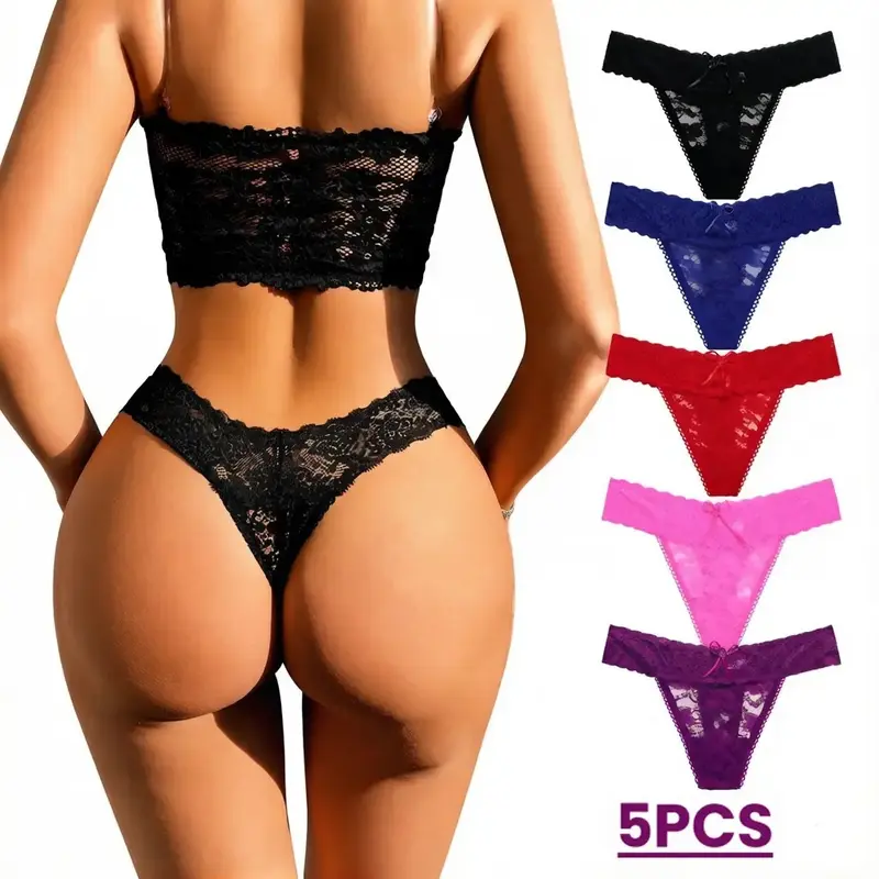 Women’s 5-Pack Minimalist Seamless Lace Trim T-Back Thong Intimate Panties Set - Low Waist, Breathable, Stretch Cotton Nylon Underwear, Comfortable Fit, Everyday Use for Home Travel