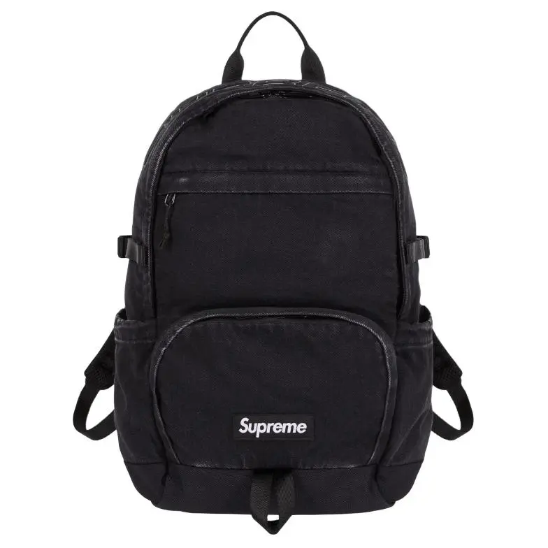 Supreme FW25 Denim Backpack for Men and Women with Embossed Logo in Black