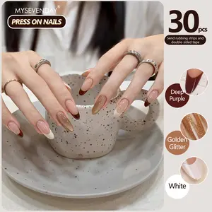 30 Pcs Long Ballerina False Nails, Plain Surface, Dual Color Coffee, Gold Flash Edges, Easy to Apply, Durable, Reusable, for Young Girls