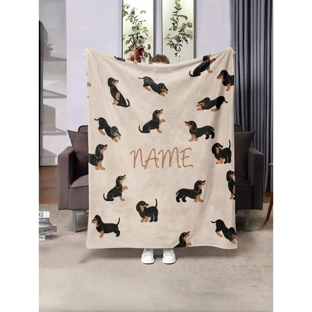 Customized Cartoon Dachshund Throw Blanket - Personalized Name, Cute Sketches Design, Wrinkle-Resistant, Breathable Durable Flannel, Soft Glam Cover, Multi-Size, Living Room Couch Decor, Home Snuggle Milestone Gift for Pet Lovers, Flannel Fabric