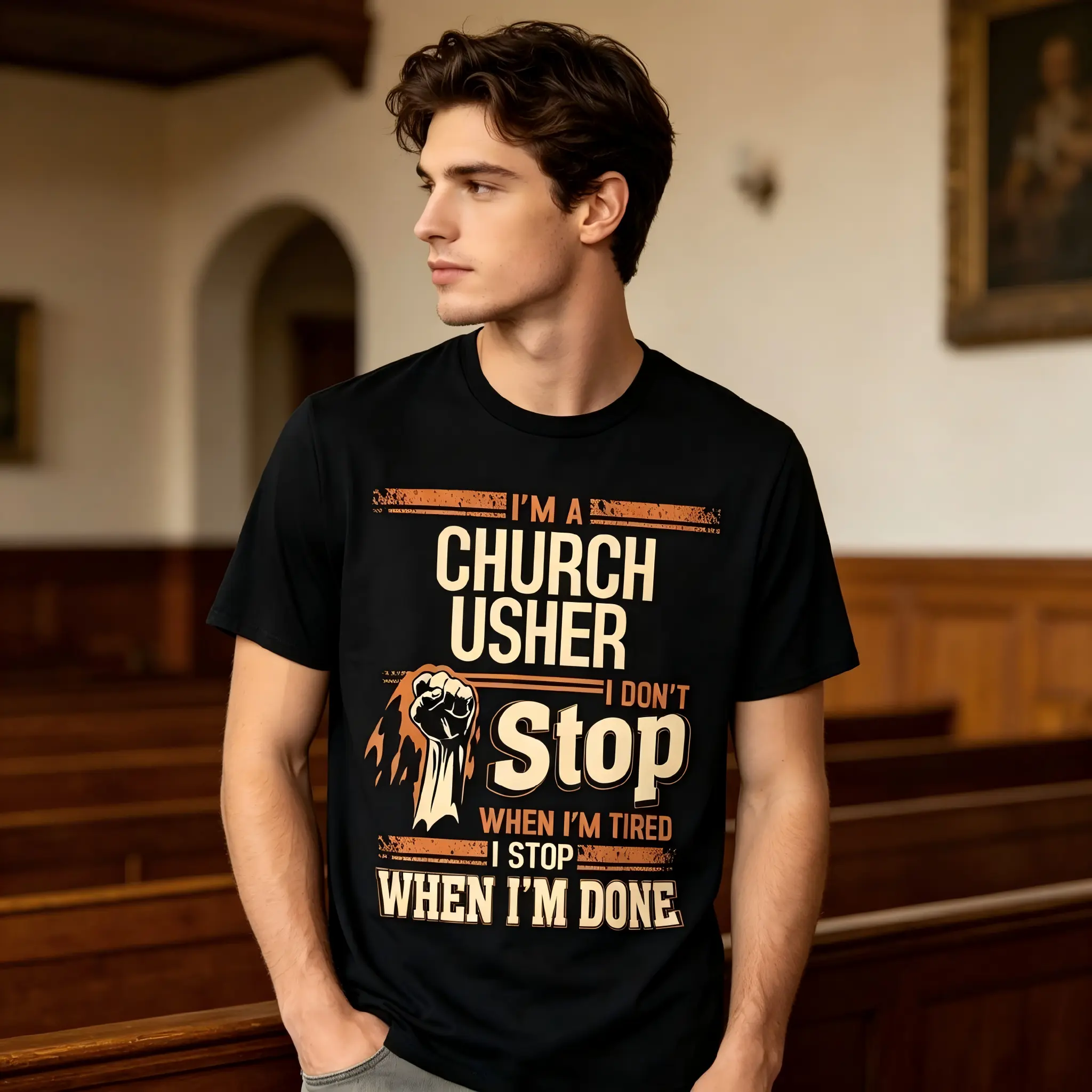 Men's Christian Usher Ministry T Shirt I'm a Church Usher I Don't Stop Serving Bible Verse Ephesians 6 18 Black with Golden Lettering & Usher Badge Design Breathable Stretchable Faith BasedT Shirt for Easter Black Short Sleeve Crew Neck Tee for Men