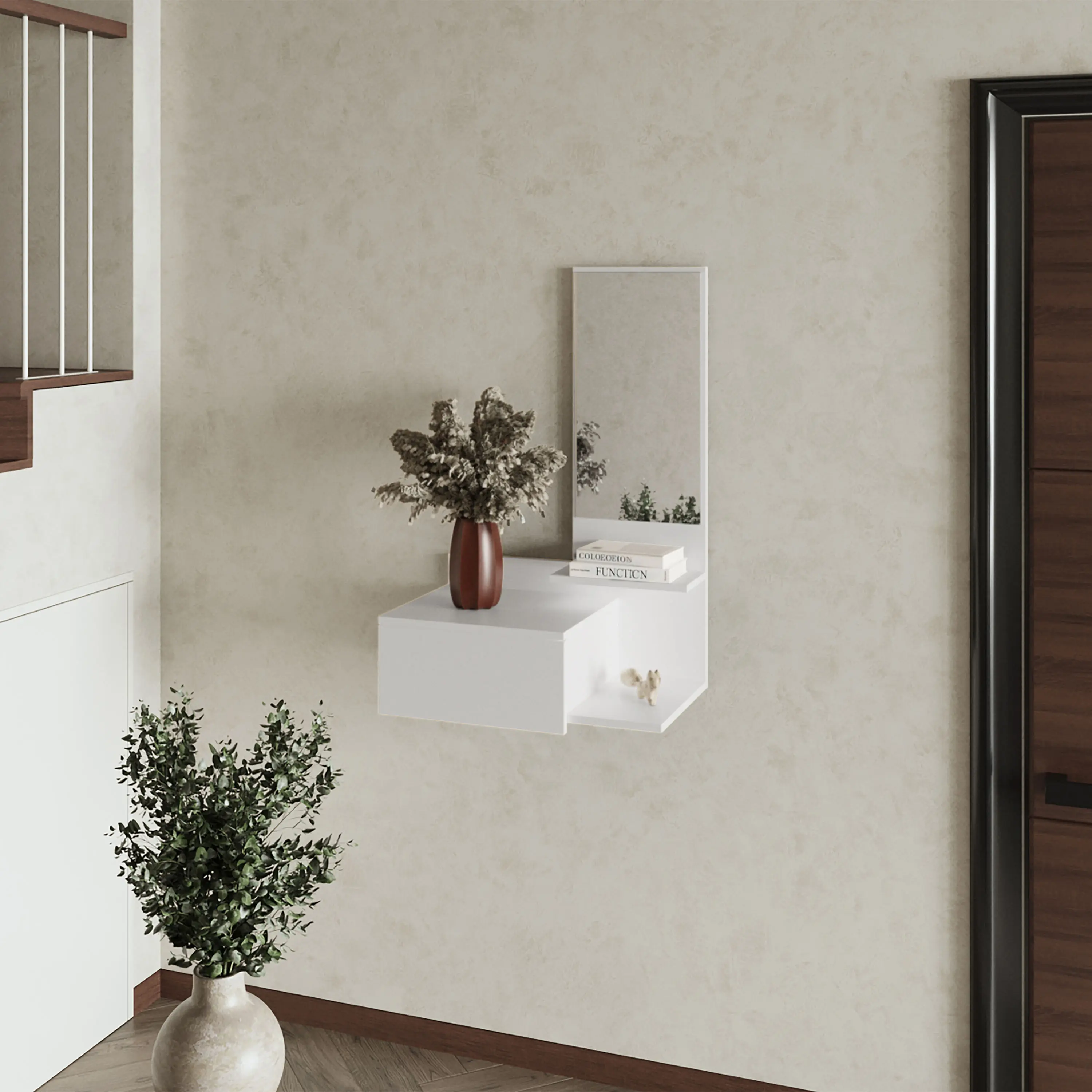 Nokaa Elgin Floating Vanity Cabinet with Mirror, White Melamine Finish, Ultra-Modern Wall-Mounted Storage for Bedroom or Small Bathroom, 23.6"W x 13.7"D x 36.2"H, Easy Mount Hardware Included