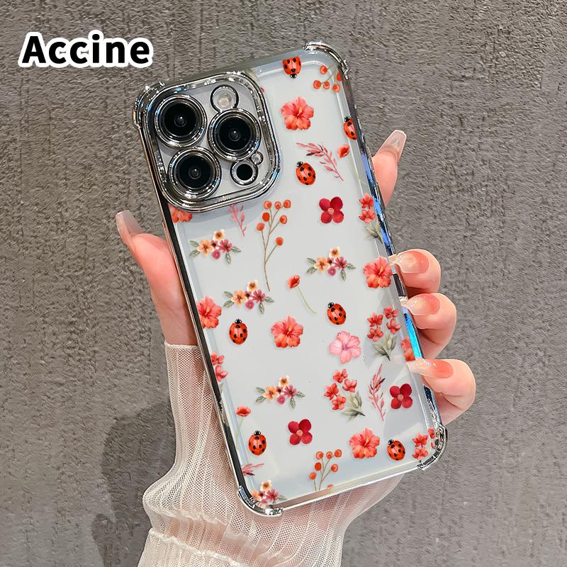 Floral Ladybug Symphony Pattern Four Corner Anti-Fall Phone Case Transparent Electroplated Protective Cover for iPhone 16 Pro Max 15 Plus 14 13 12 11 E