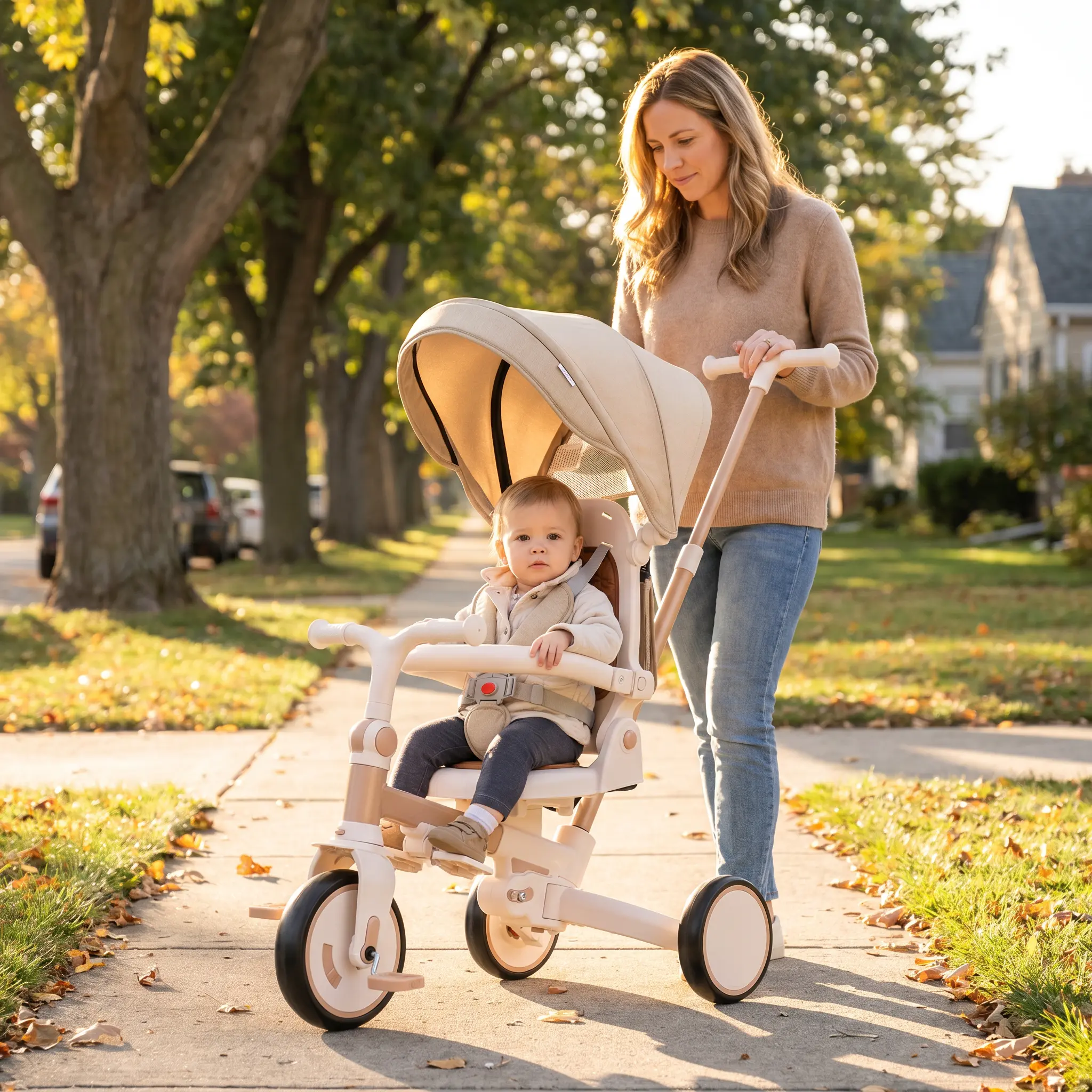 7-in-1 Multifunctional Portable Aluminium Baby Tricycle for 12-72 Months, Light Brown All-Seasons Ride-on Toy with Detachable & Adjustable Parent Handle, Detachable Pedal, Canopy, Guardrail, Safe Lightweight Design, Foldable