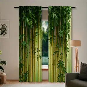 2pc, installed using pocket rod method, digital dark green bamboo leaf patterned curtains, suitable for living room, closet, bedroom, study, dining room, and home decoration.
