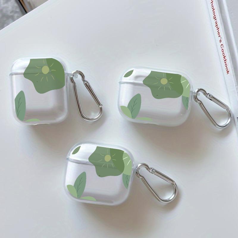 Green Flowers Pattern Protective Case for AirPods 4/3/2/1/Pro/Pro2 Soft TPU Earphone Cover, Transparent with Keychain