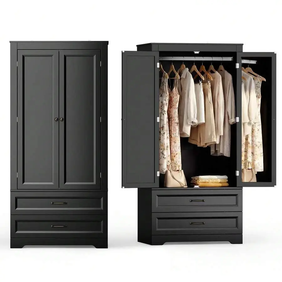 66 Inch Wardrobe, Large Capacity Storage Cabinet With 2 Drawers, Modern Bedroom Wardrobe With Hanging, Double Doors,  Perfect Home,  Black