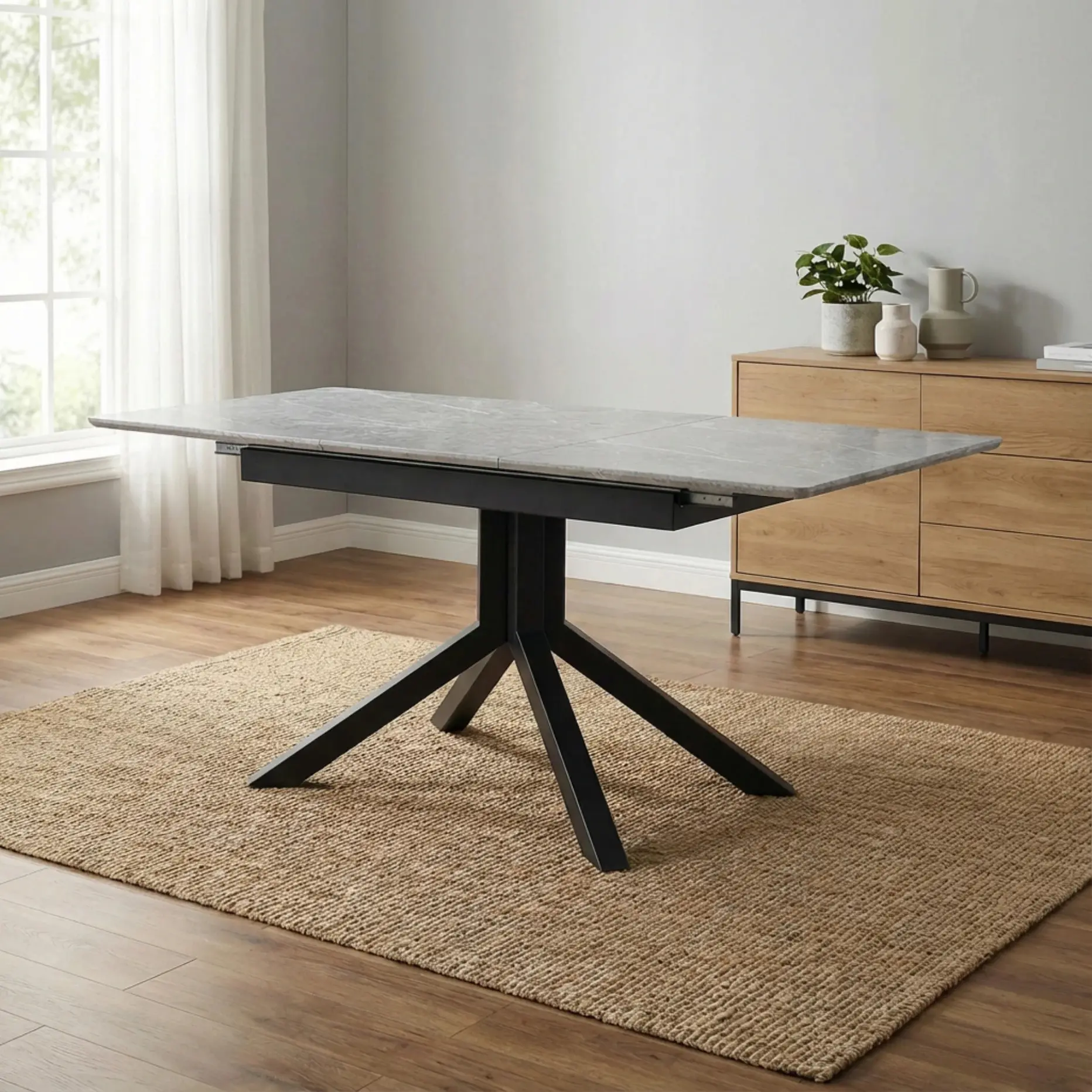 Modern 4-Seater Square Table - Light Gray Painted MDF Top, Sturdy Geometric Metal Legs, Indoor Room Furniture