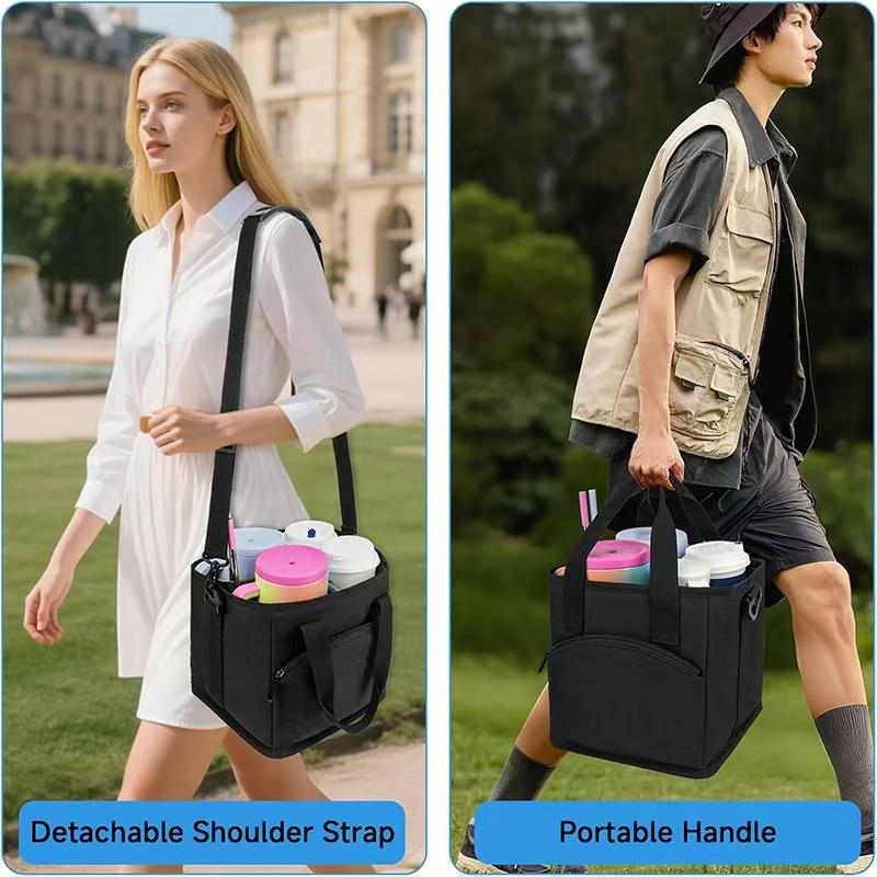 Family 4-Compartment Drink Bag Heavy-Duty Nylon Tumbler Caddy for Hiking Walking with Large Front Pocket & Adjustable Divider