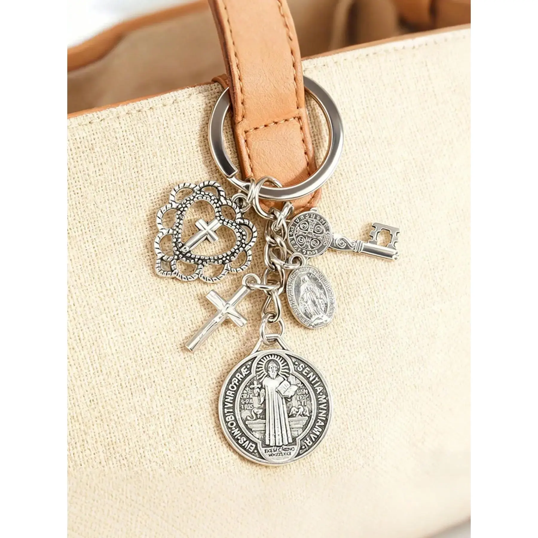 St. Benedict Religious Keychain, Cross Prayer Guardian Keychain, Faith Charm Keychain for Purse & Bag, Christian Gift, Travel Key Accessory, Vintage Style Keychain, Multiple Colors