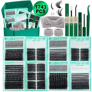 1743 Pcs Cluster Lash Set, D Curl Mixed 5-21mm 9 Styles Bottom/Spike/Mega 3D Multi-Layered Lashes, Cluster Eyelashes Extensions, Kit with Bond&Seal Remover Tweezers Headband & Wristband, DIY at Home Easily, Easy Apply for Makeup Daily