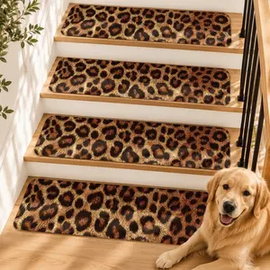 15pcs Luxury Leopard Print Stair Treads,  Washable Stair Mats for Wooden Steps, Soft Diatom Mud Surface, Natural Rubber Backing, Pet Friendly, Protect Hardwood Stairs, Modern Home Decor