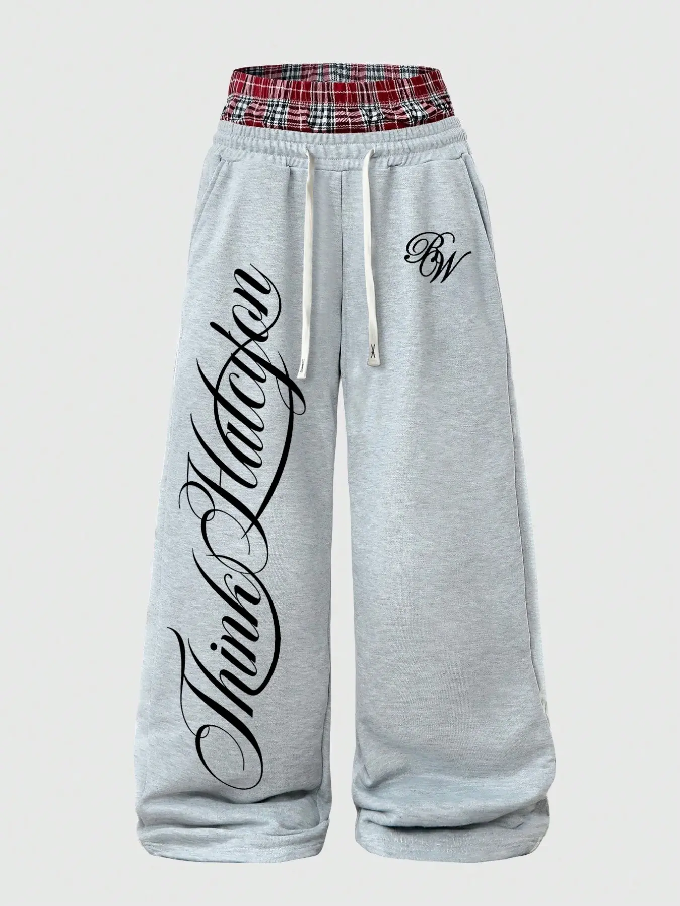 Men's Plaid Double-Layer Waist Letter Print Wide Leg Baggy Sweatpants, American Vintage High Street Drop-Waist Casual Long Pants, Fall Comfortable Fashion