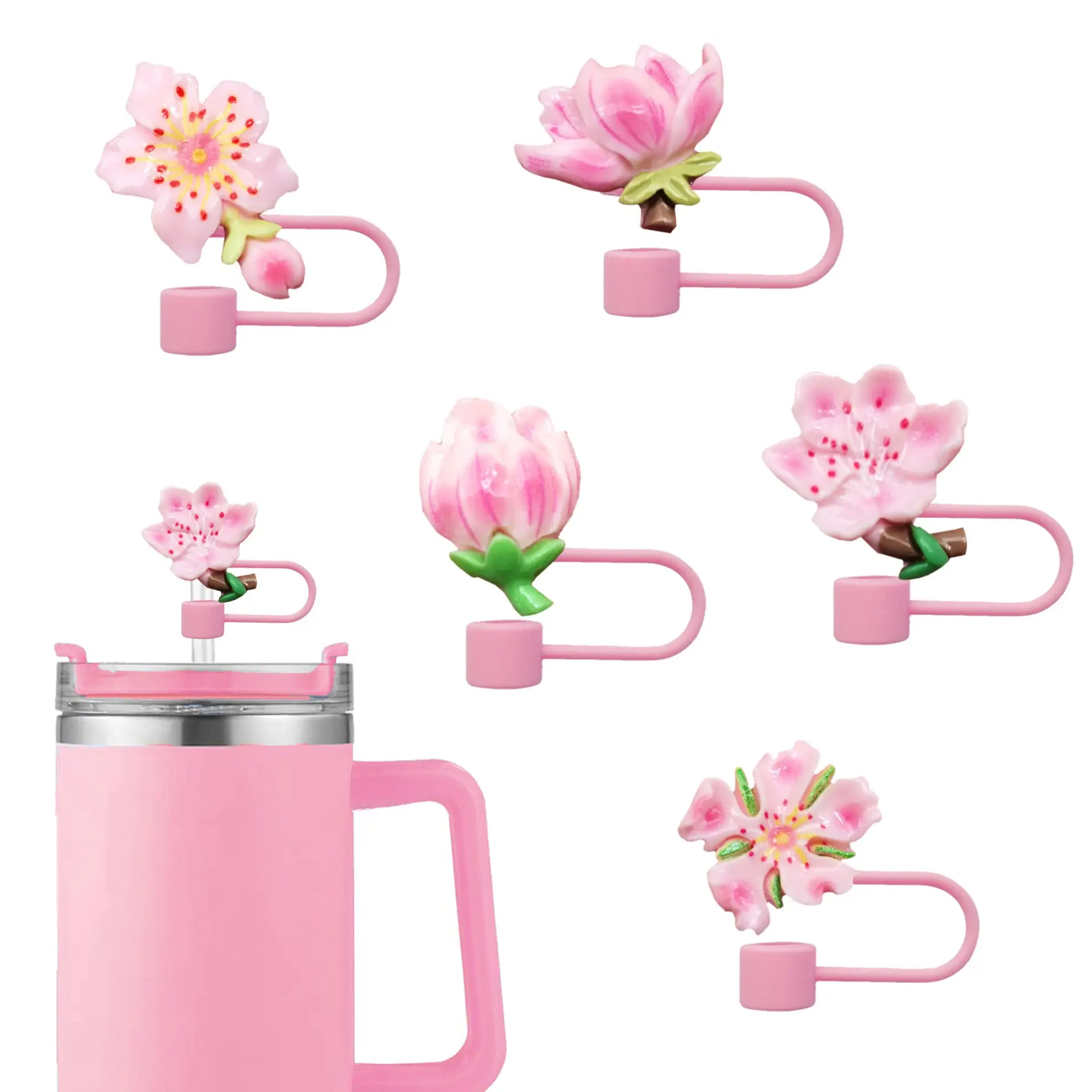 5/10pcs Cute Cherry Blossom Straw Covers, Reusable Straw Tip Protectors for 10mm/0.4 Inch Straws, Dustproof Straw Caps, Stanley Accessories