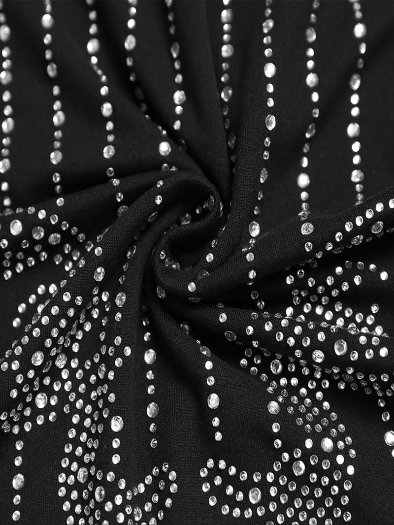 Women's Rhinestone Decor Mock Neck T-shirts, Elegant Long Sleeve T-shirts for Spring & Fall, Women's Clothing for Daily Wear, Casual Fashionable Top