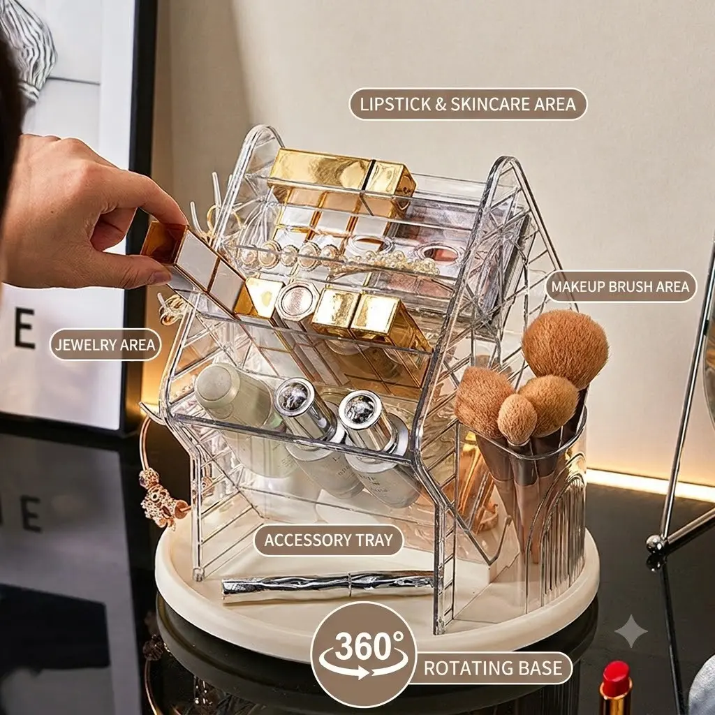 360° Rotating Makeup Organizer Box, Transparent Large Capacity Desktop Storage, Jewelry and Brush Holder, Declutter Your Vanity Table