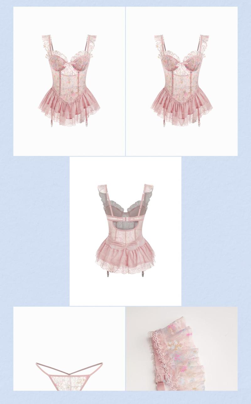Cider Pink Floral Lace Boned Bustier Babydoll Dress - Sweet Ruffled Nightgown with Built-in Bra