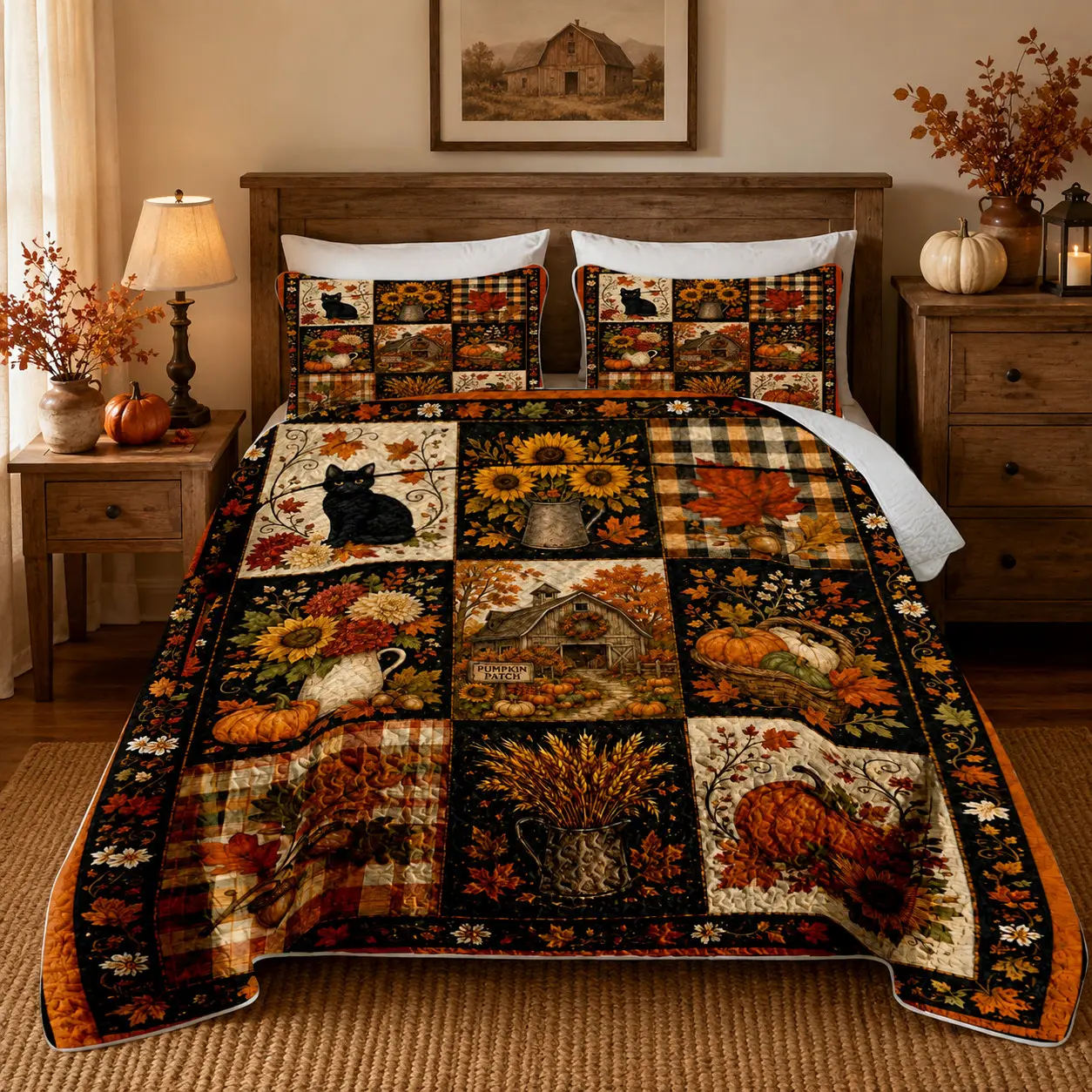 [Back to School] 3-Piece Black Cat Pumpkin Sunflower Quilt Set, Farmhouse Patchwork Bedspread with 2 Pillow Shams, Soft Lightweight Wrinkle-Resistant Breathable Fade-Resistant All-Season Bedding for Queen/King Beds, Thanksgiving Decor