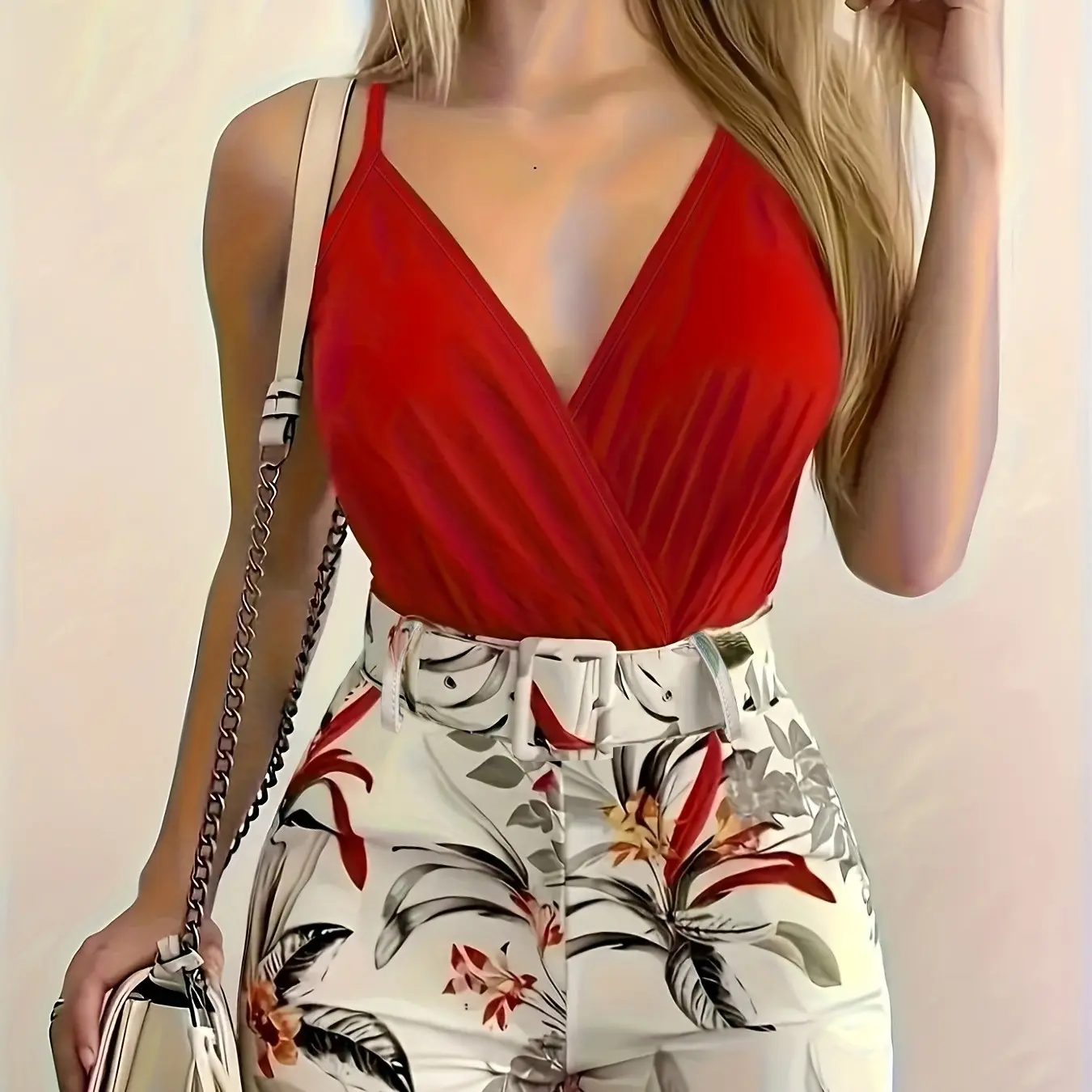 Women's V Neck Sleeveless Top & Plant Print Shorts Set with Belt, Summer Matching Set, Summer Tropical Floral Outfit, Perfect for Vacation, Beach and Casual Daily Wear, High Waist Fitted Design