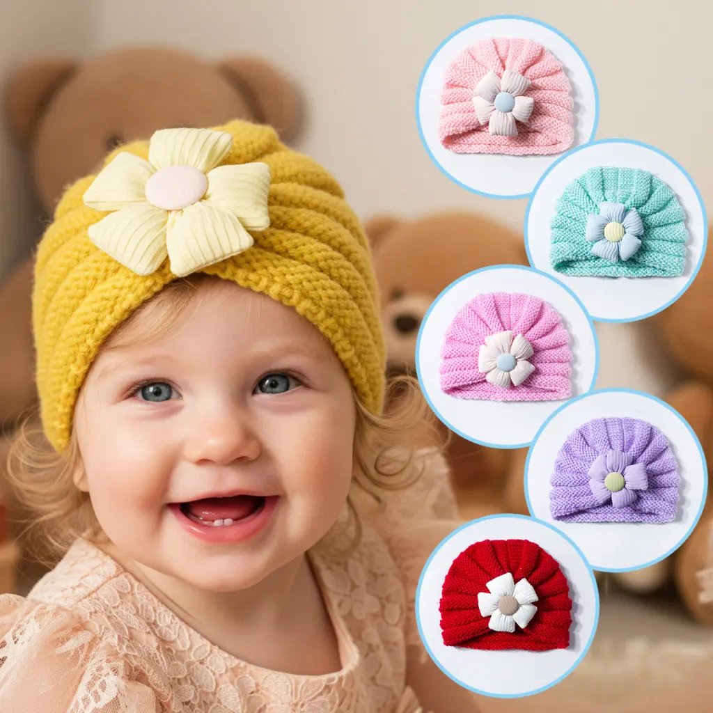 Unisex 1-2 Years Winter Warm Knit Turban Hat - Crochet Slouchy Bonnet with Floral Accent, Cable Design, Baby Head Wrap, Sports & Outdoor Accessory, Christmas Gift, Turban Cap, Beanie, Crocheted Knit