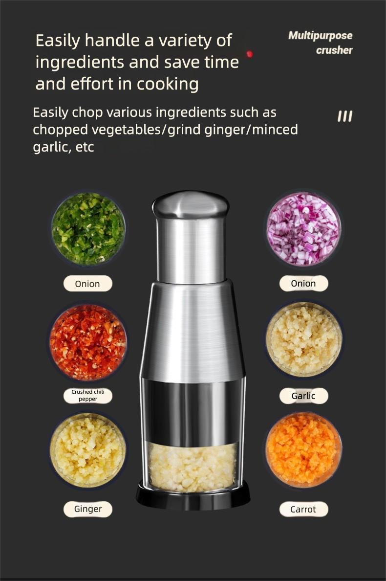 One-Push Garlic Chopper - Multi-function Kitchen Tool for Mincing Garlic, Ginger, Nuts - Thick 304 Stainless Steel, No Slip Grip