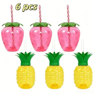 One pack contains 6 pineapple and strawberry sippy cups with lids, 3D 3D summer plastic drink cups, tropical resort beach juice cups, creative and cute fruit pattern drinking utensils, beach pool parties, portable cold drink cups