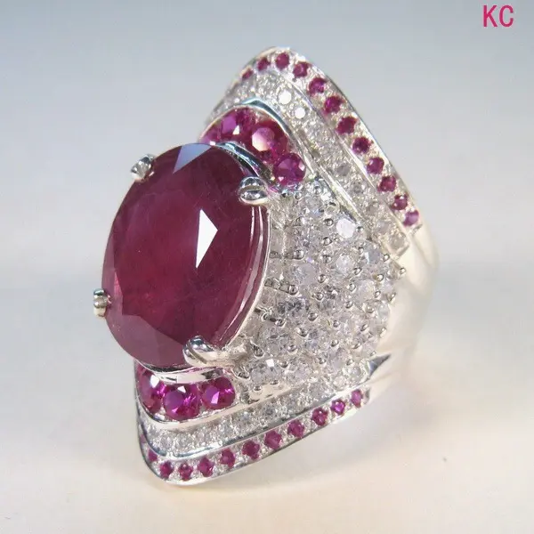 925 Silver Plated Ring Inlaid Ruby With Full Stones, Bold European American Finger Jewelry For Engagement Occasions