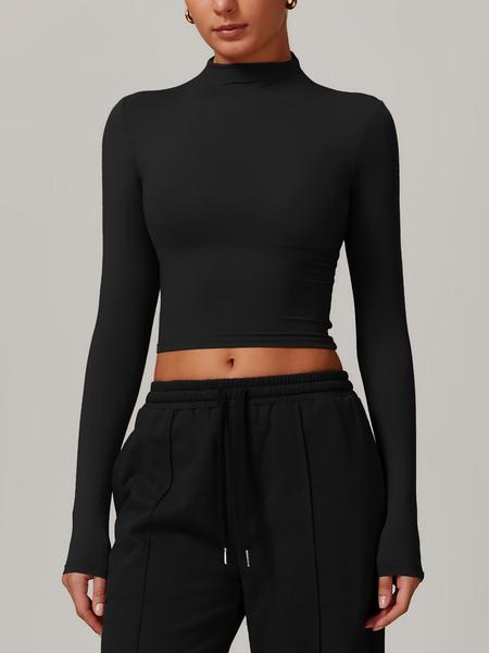 Women's Solid Mock Neck Sports Tee, Quick Drying Breathable Long Sleeve T-shirt for Yoga and Gym Wear, Ladies Casual Workout Tops for Fall & Winter