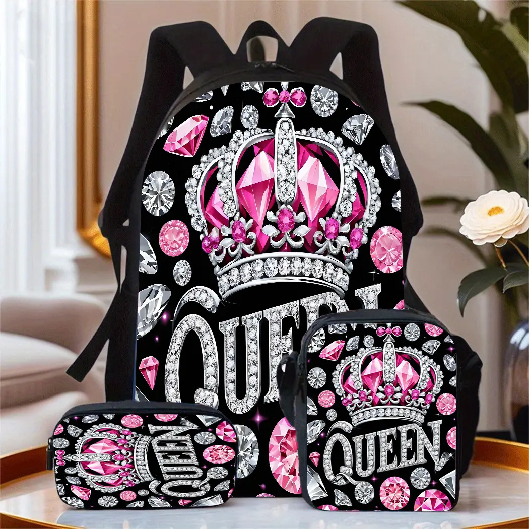 Queen-Themed Crown Motif 3-Piece Backpack Set Pack - Sparkly Glam Bling Print Durable Oxford Cloth, Padded Straps, Adjustable Buckle, Zipper Closure, Matching Lunch Bag & Pencil Case, Fits 15-in Laptop, Snacks, for Back to School Hauls, Jewels Fans