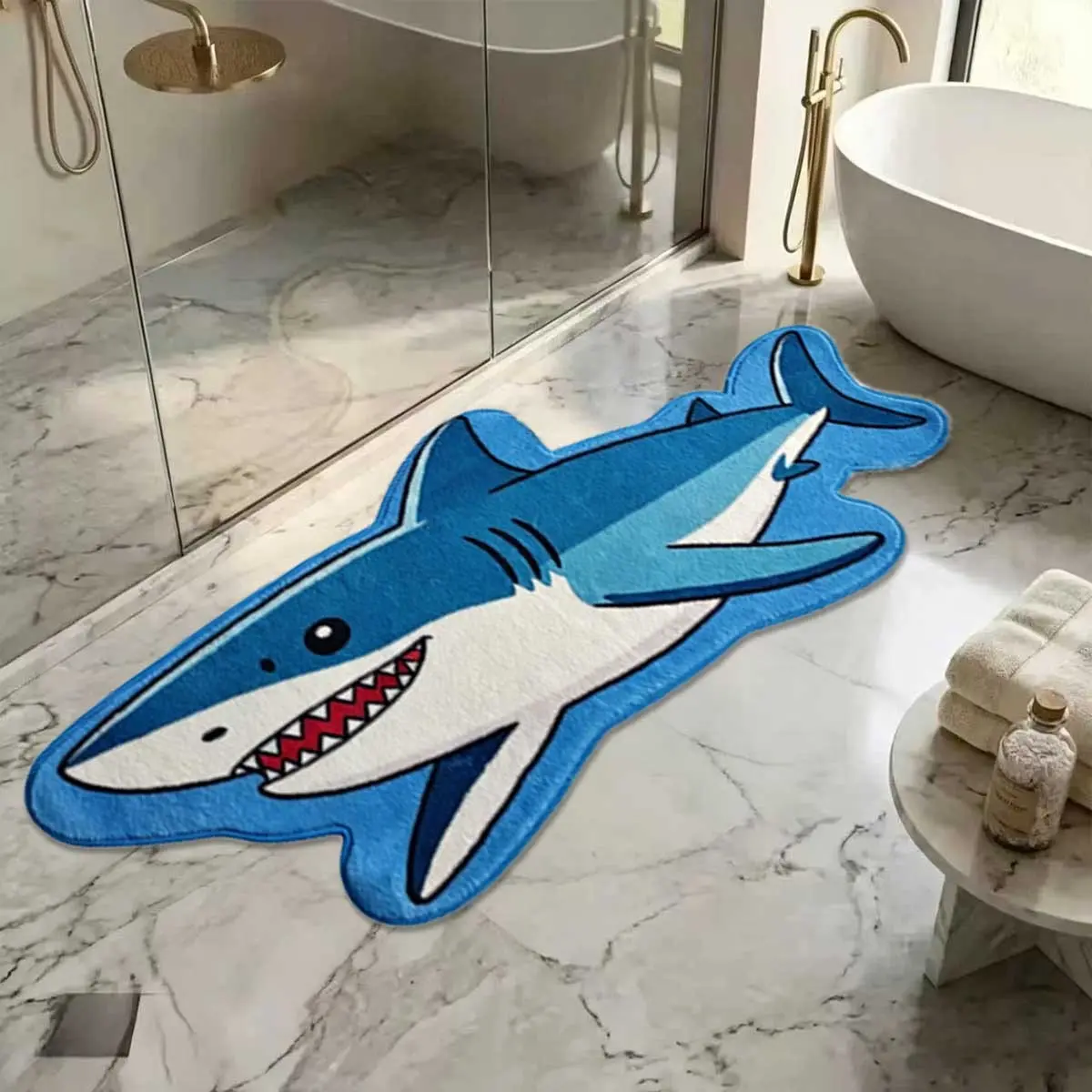 1pc Cartoon Fierce Shark Fish Shaped Bathroom Mat, Sea Animal Print Floor Mat for Washroom Bathroom Kitchen Entryway Door, Funny Cartoon Shark Decor, Ocean Theme Gift Idea for Loved Ones