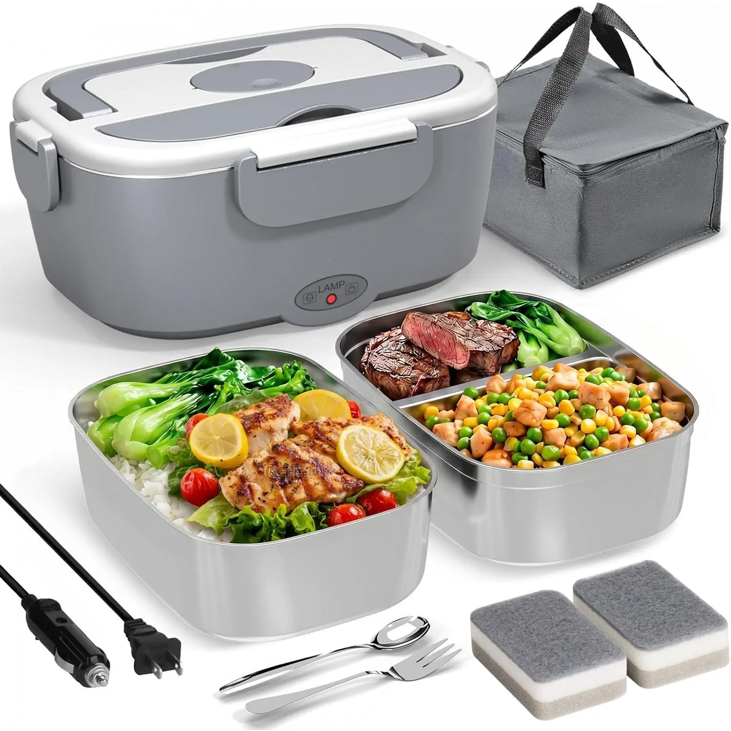 Electric Lunch Box for Adults -  Heating Portable  Warmer with 2 of 53oz 304 Stainless Steel Containers 12V/24V/110V Heated Lunch Box for Men&Women Work Office  Travel lonchera