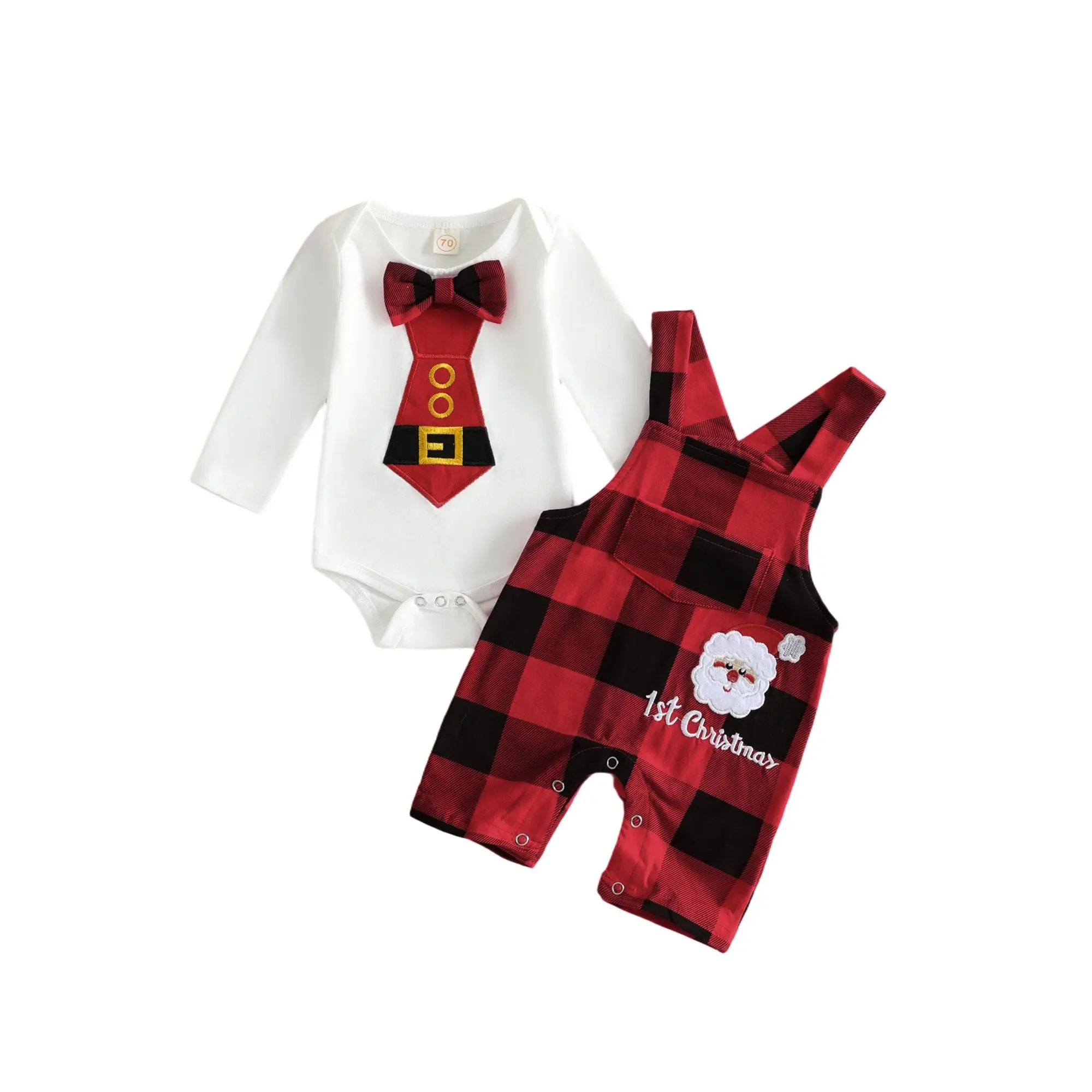 Cpzvucak Unisex Infant My  First   Christmas Holiday 2-Piece Outfit Gentleman Style Bodysuit with Plaid Suspender Overalls for Baby Boys & Girls 0-12M
