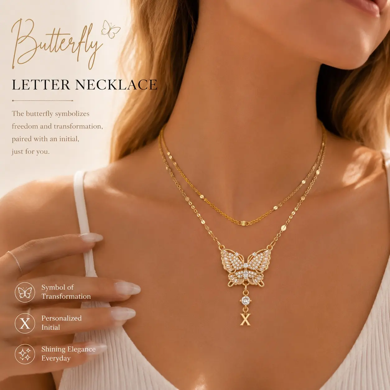 Women's Layered Butterfly Initial Necklace - Personalized Gold Letter Pendant With Sparkling Zirconia, Meaningful Transformation Gift For Everyday Elegance