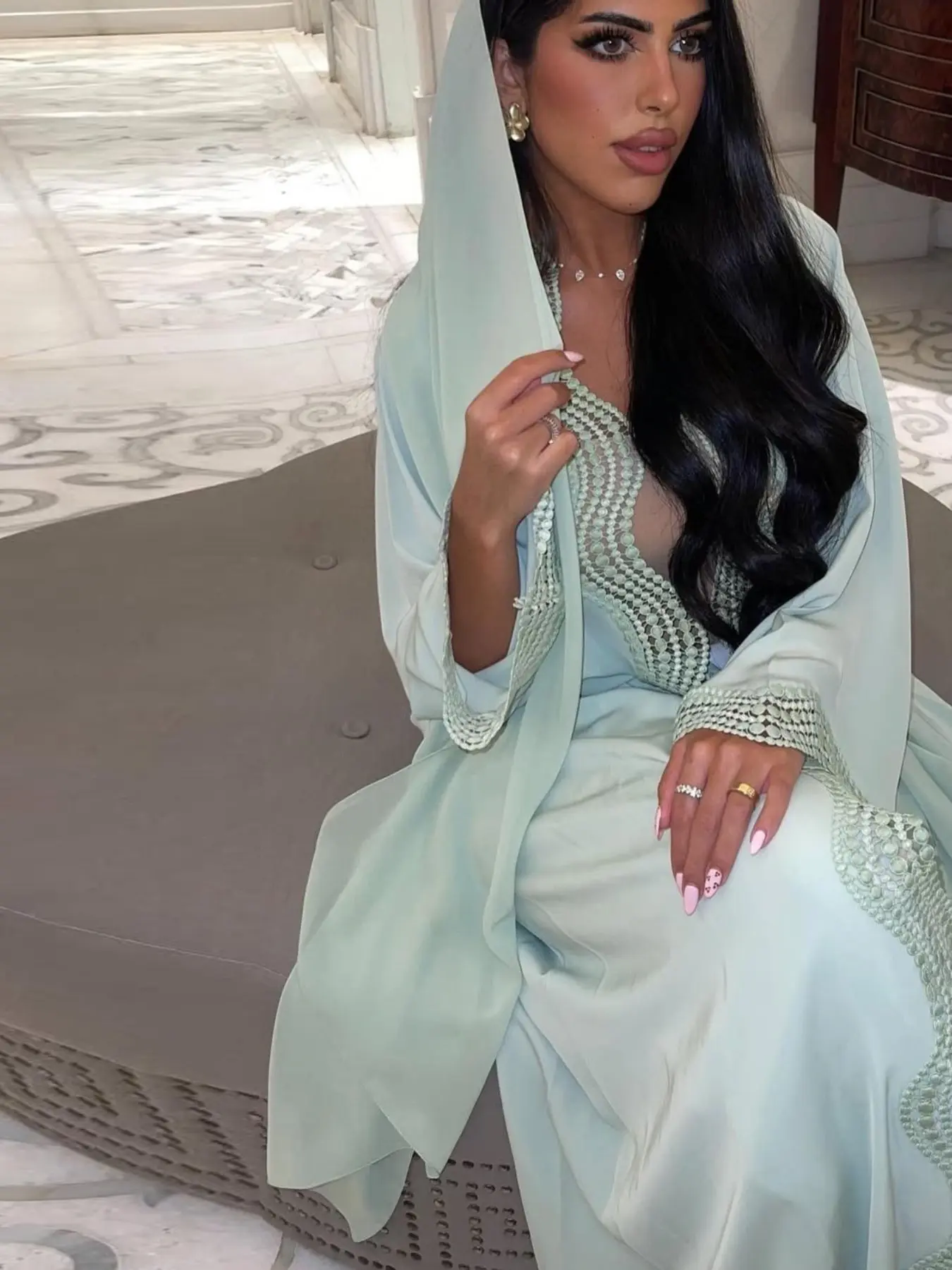 New Muslim Women's Wave Trim Patchwork Open Front Abaya Robe, Islamic Modesty Clothes, Solid Color Loose Long Middle Eastern Dress, Casual All-Season Outerwear